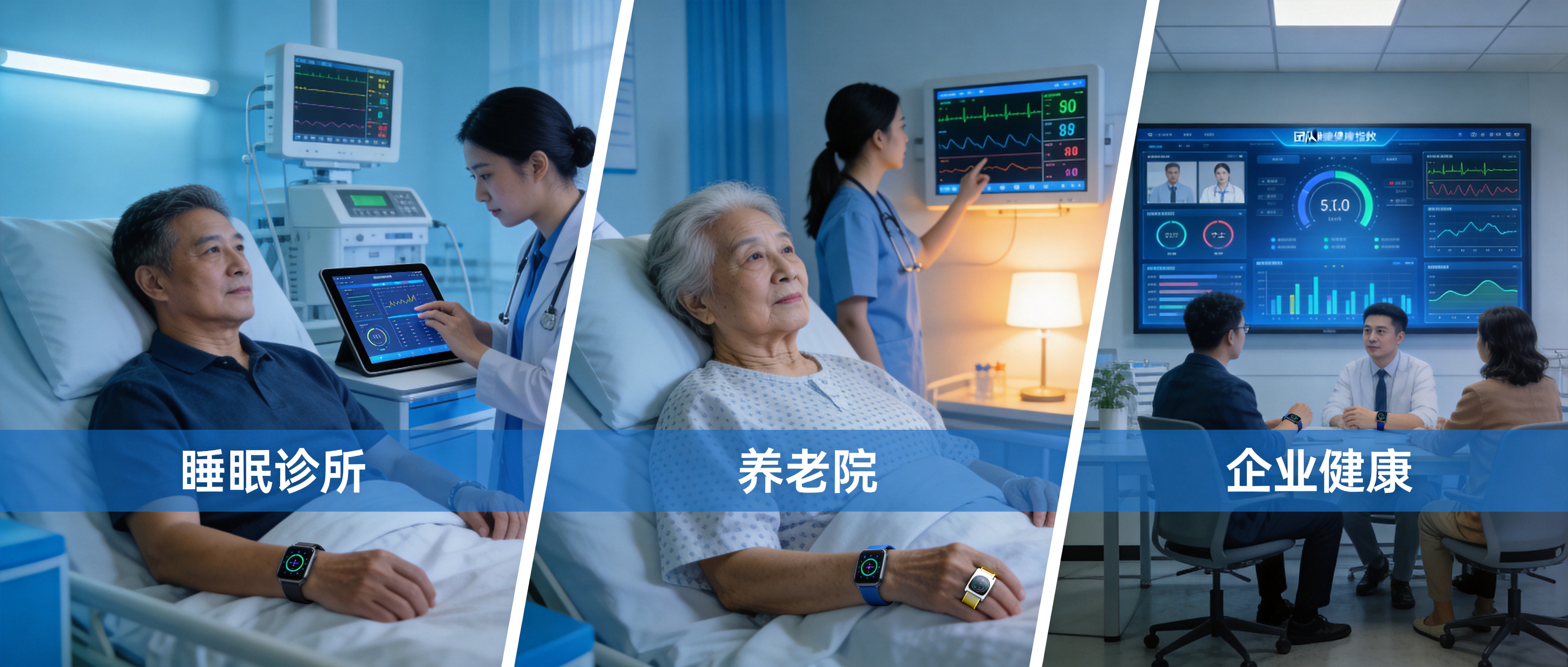 Three-panel showing sleep clinic, nursing home, and corporate wellness applications of medical wearables