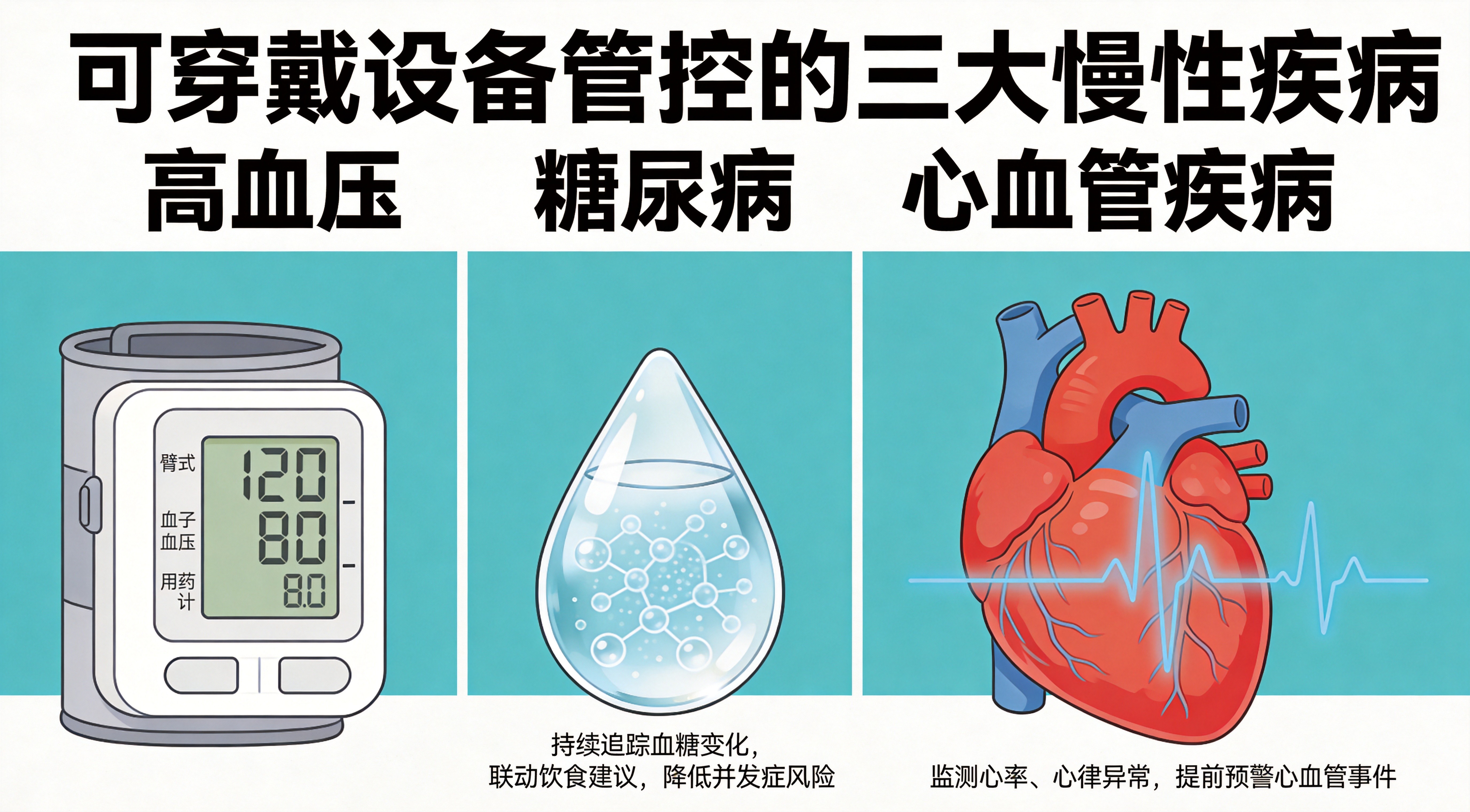 Chronic disease conditions managed by wearables: hypertension, diabetes, cardiovascular disease