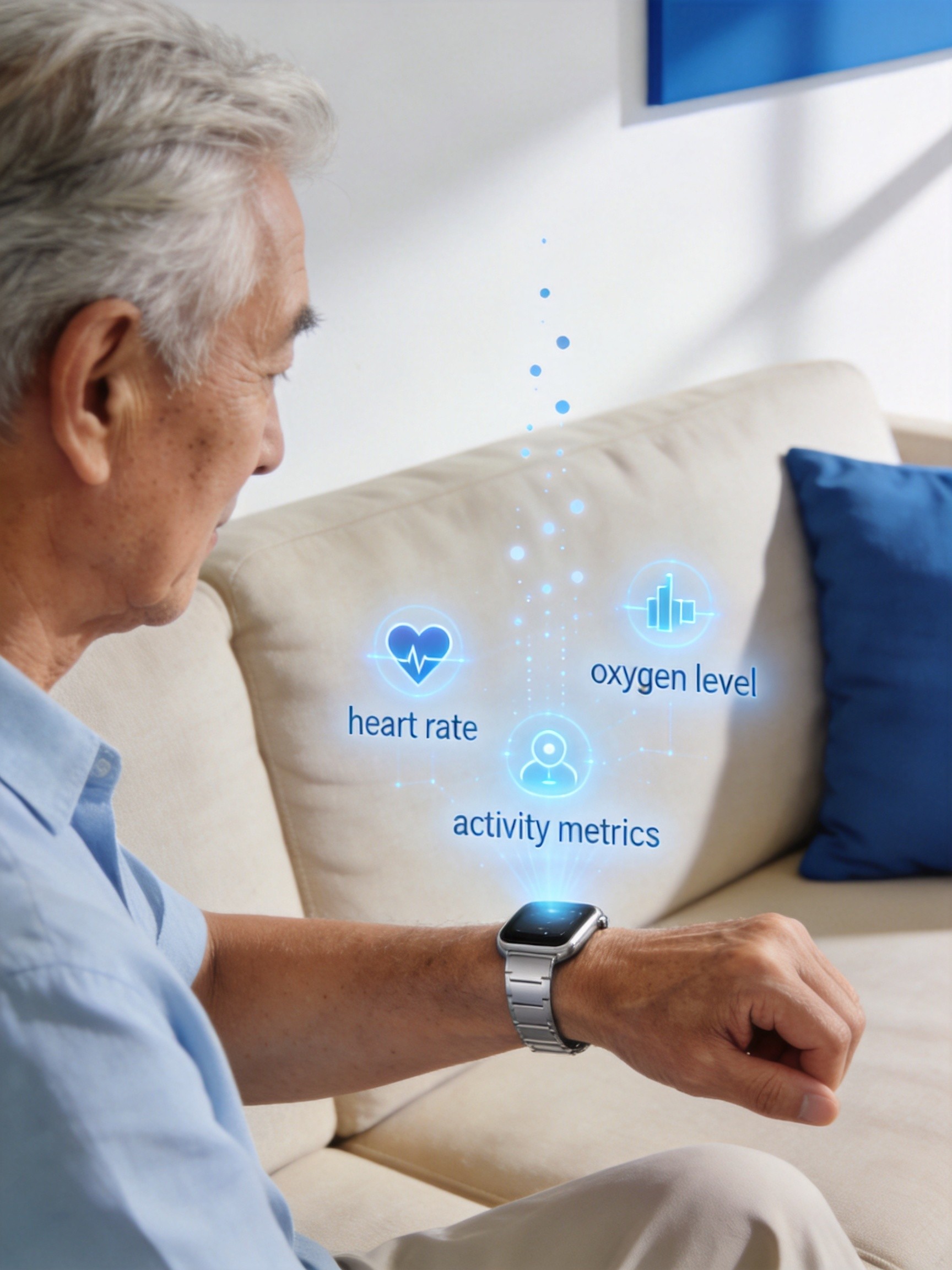 Elderly person using smart watch for chronic disease monitoring at home