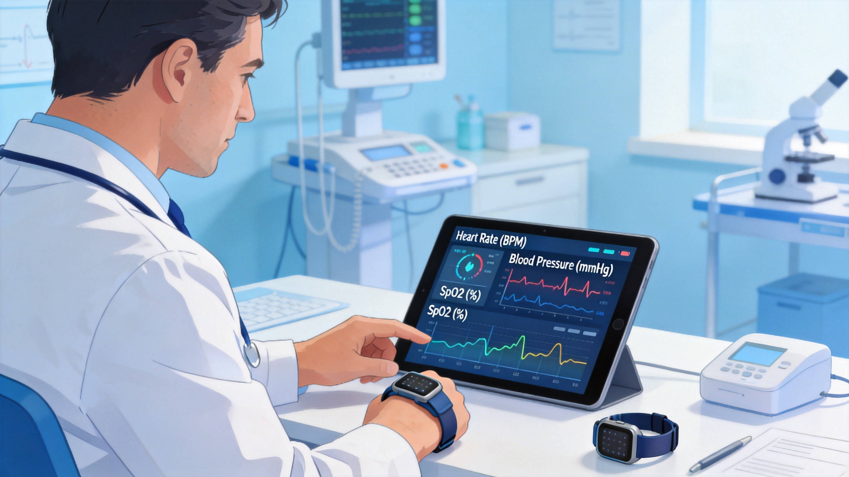 Doctor reviewing patient wearable health data on tablet in hospital setting