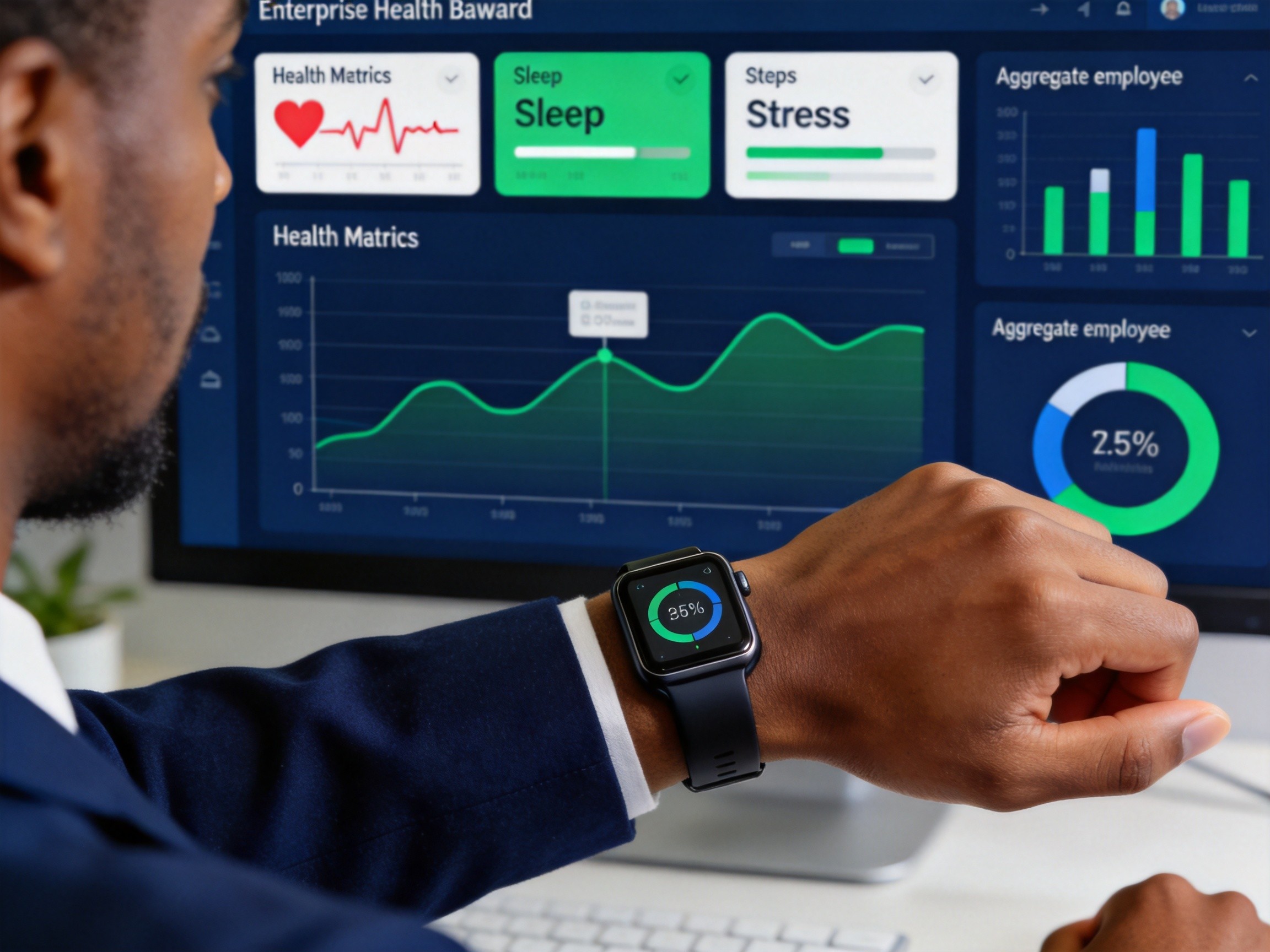 Employee wearing corporate wellness wearable with enterprise health dashboard
