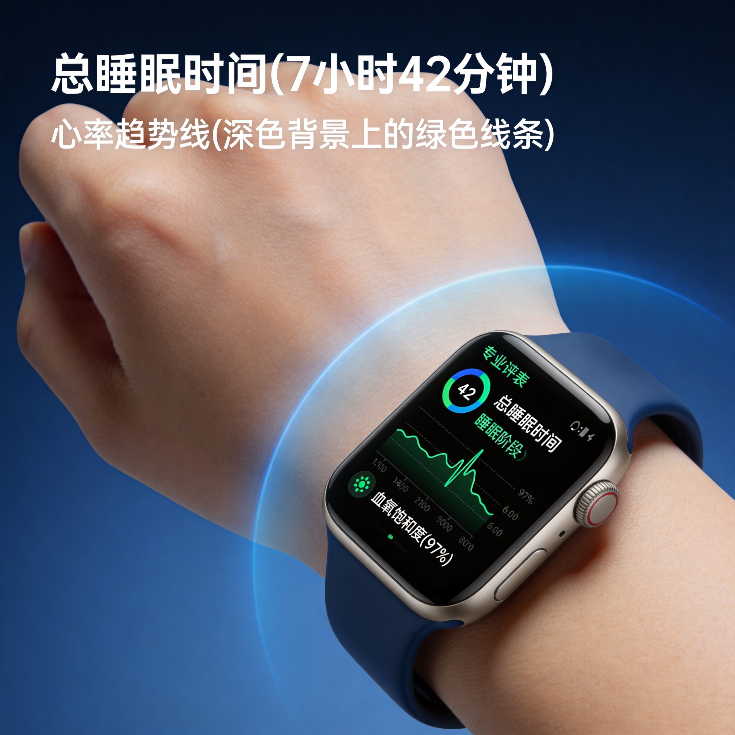 Medical smartwatch displaying sleep monitoring dashboard with SpO2, heart rate, and sleep stage data
