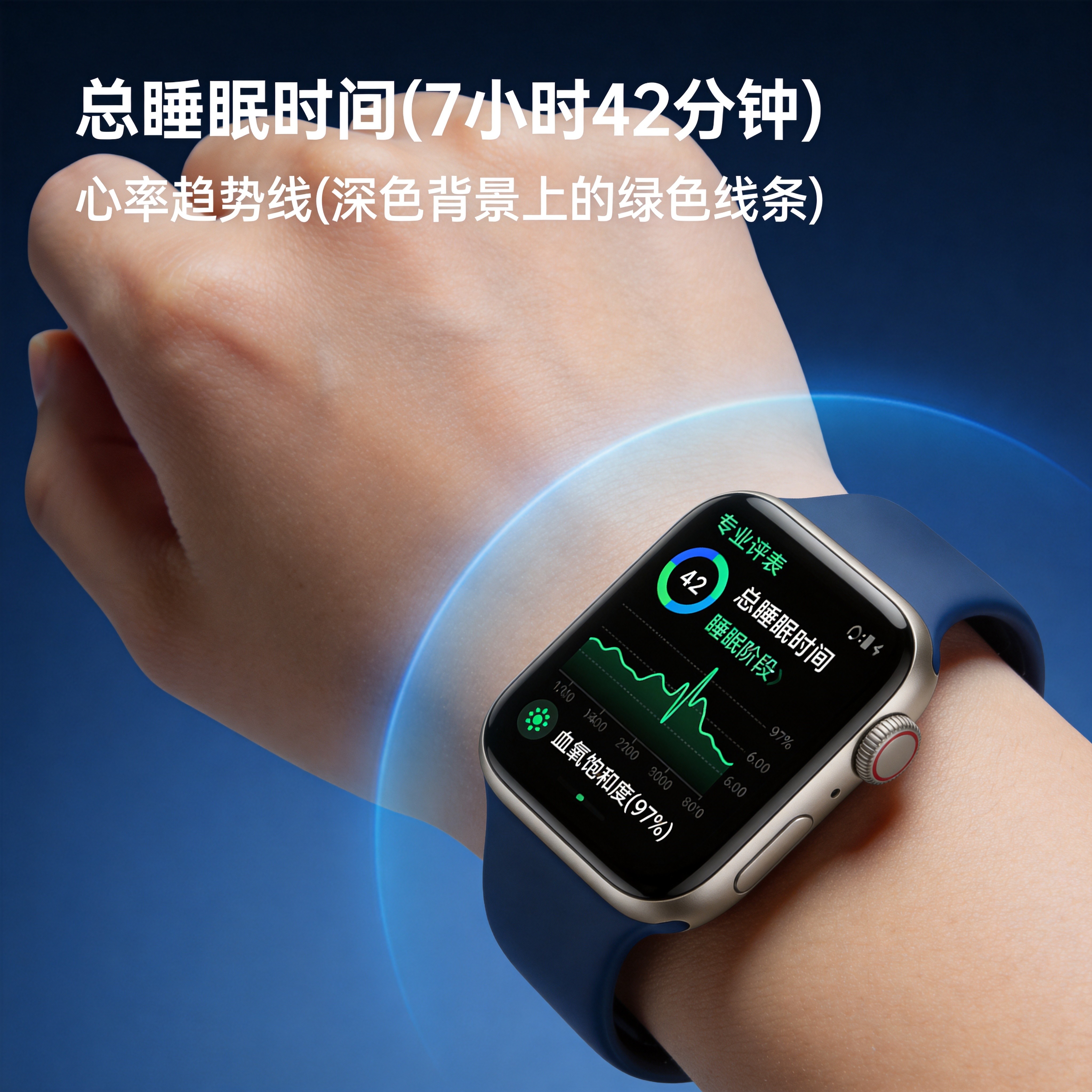 Medical smartwatch displaying sleep monitoring dashboard with SpO2, heart rate, and sleep stage data