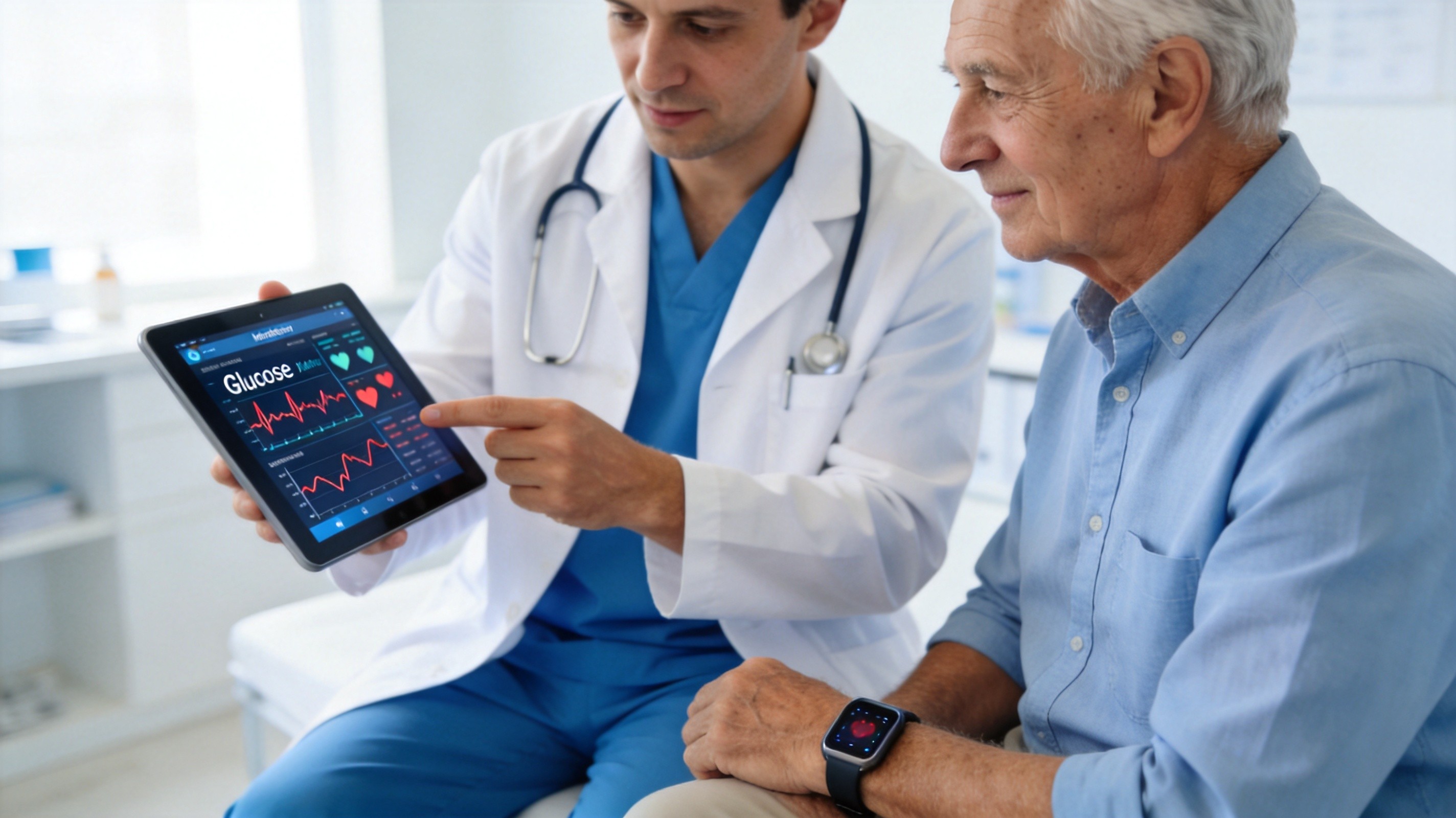Doctor reviewing diabetes patient data on tablet with wearable monitoring