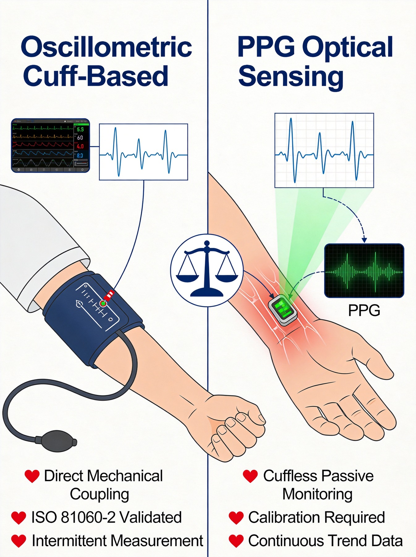 Oscillometric Cuff-Based vs PPG Optical Sensing Blood Pressure Technology Comparison
