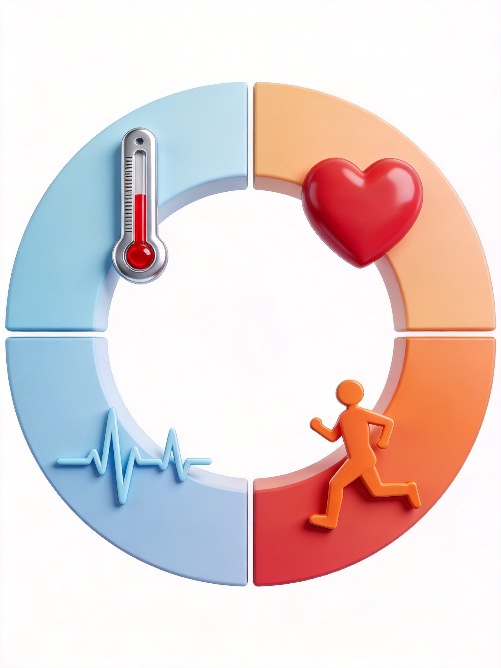 Ring chart showing four pediatric monitoring parameters: temperature, heart rate, SpO2, activity