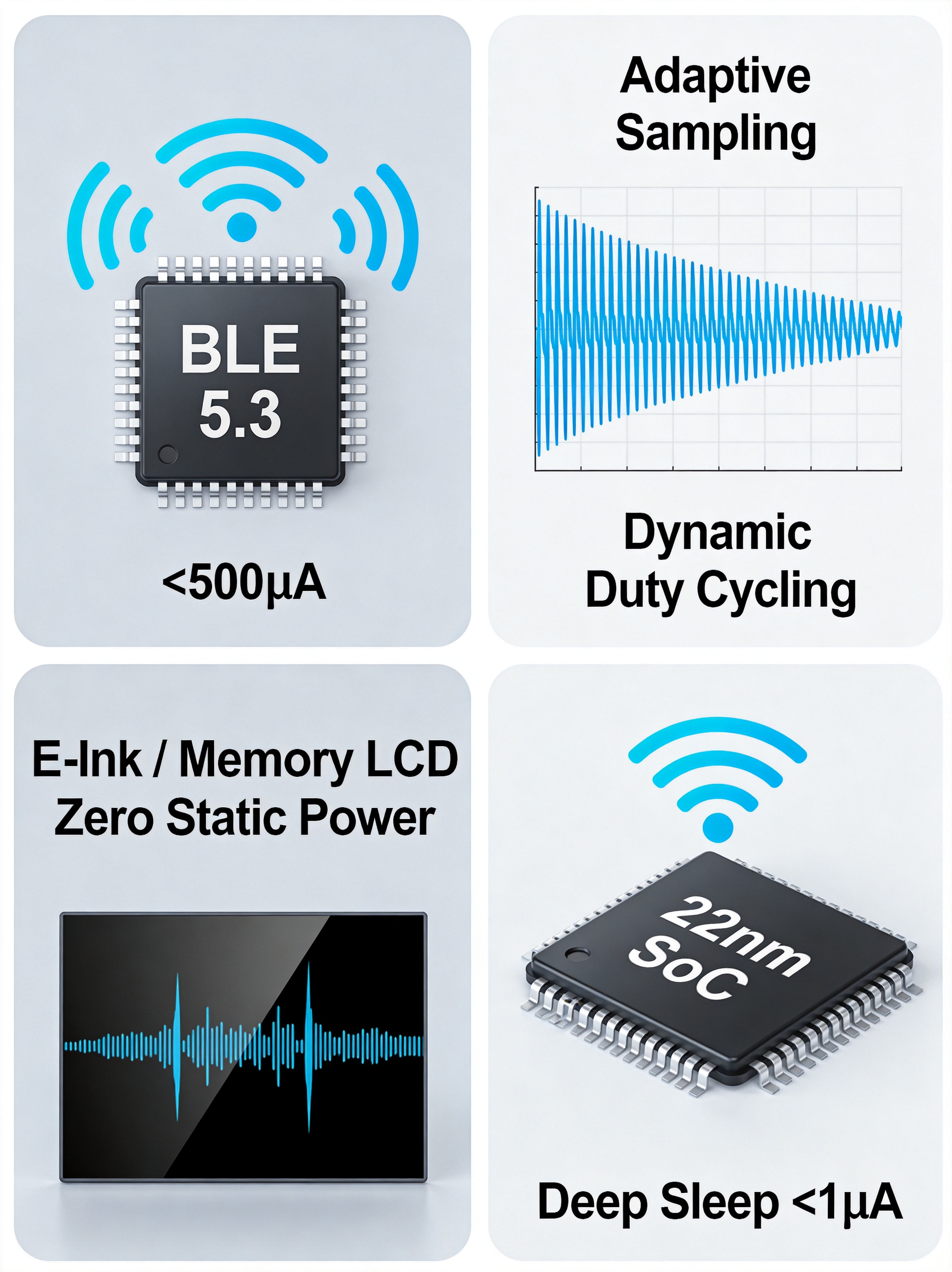 Medical Wearable Power Optimization Strategies: BLE 5.3, Adaptive Sampling, E-Ink Display, 22nm SoC