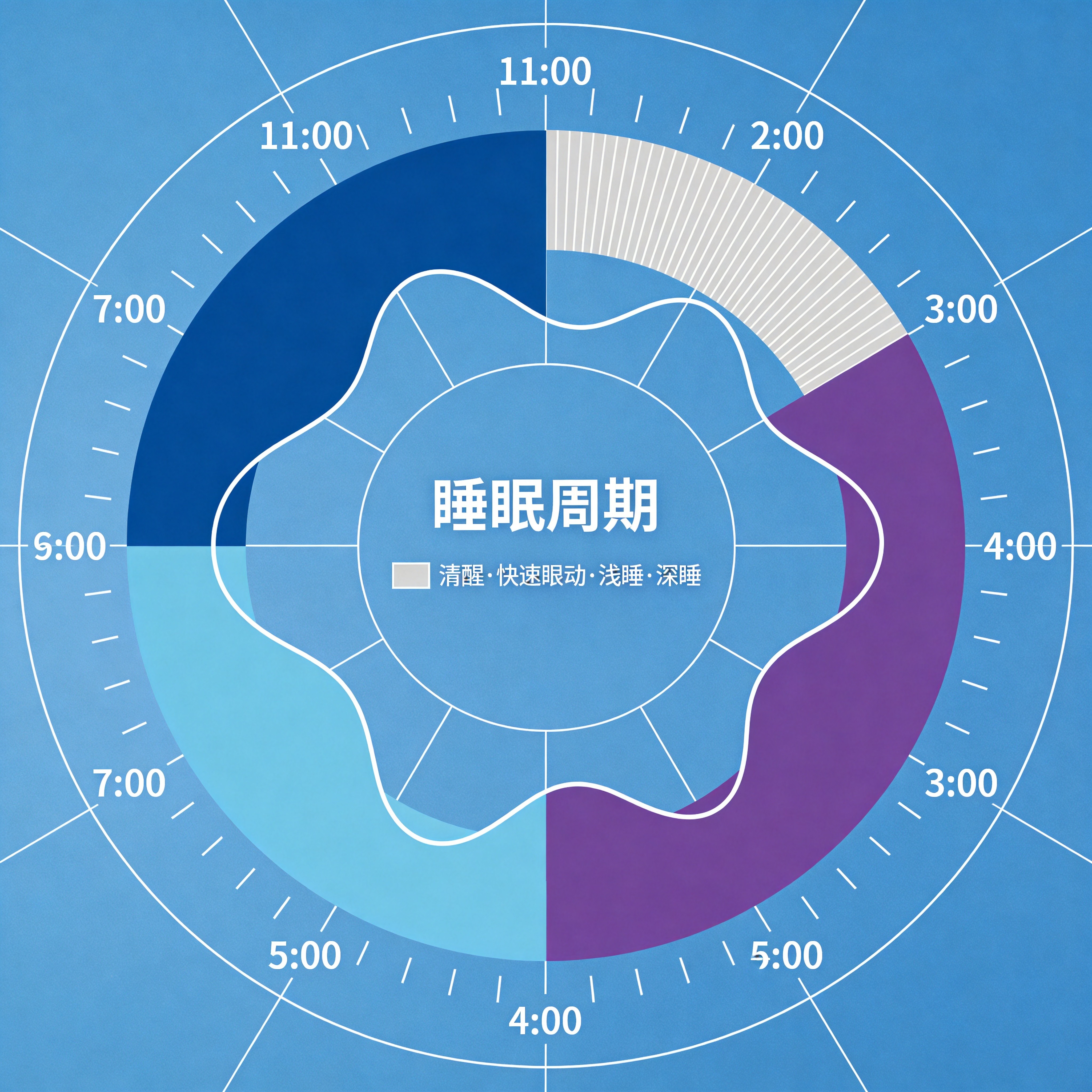 Circular sleep cycle diagram showing Awake REM Light Deep stages across a full night